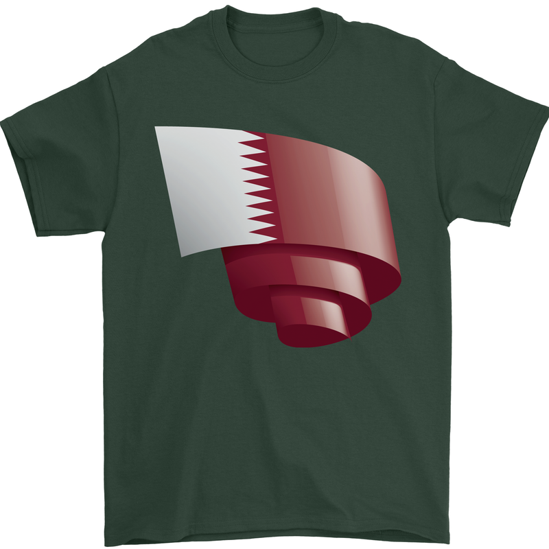 Curled Qatar Flag Qatari Day Football Mens T-Shirt 100% Cotton Forest Green