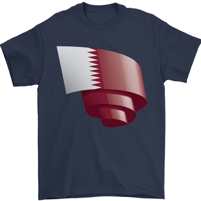 Curled Qatar Flag Qatari Day Football Mens T-Shirt 100% Cotton Navy Blue