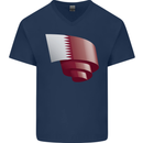 Curled Qatar Flag Qatari Day Football Mens V-Neck Cotton T-Shirt Navy Blue