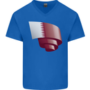Curled Qatar Flag Qatari Day Football Mens V-Neck Cotton T-Shirt Royal Blue