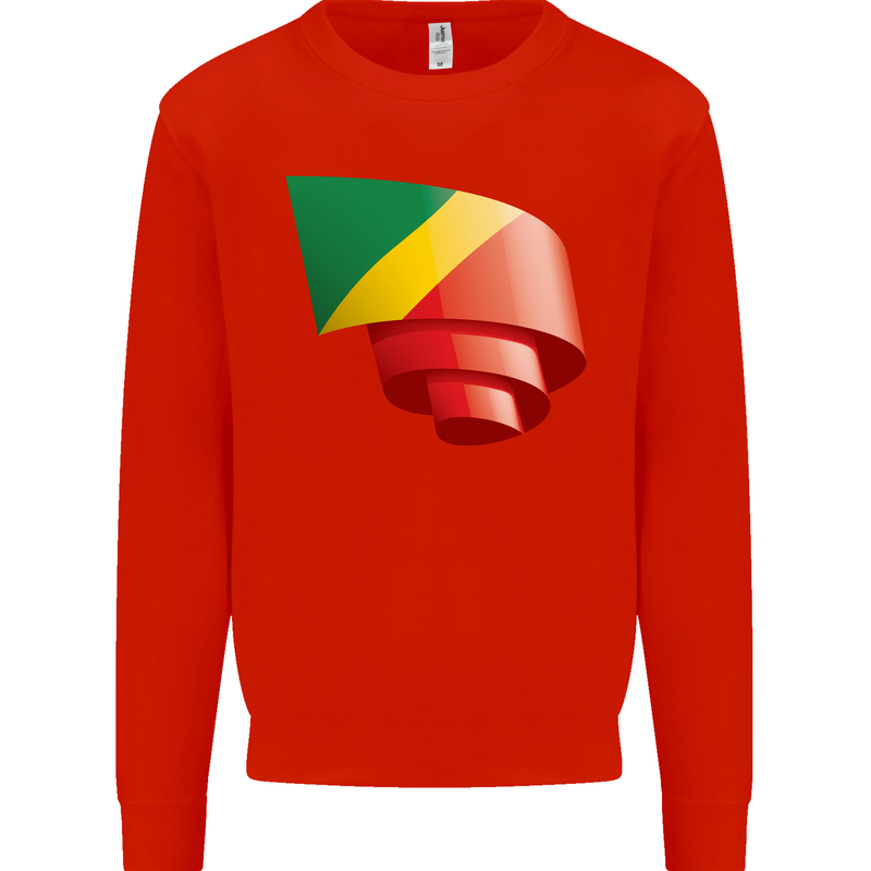 Curled Republic of the Congo Flag Day Football Kids Sweatshirt Jumper Bright Red