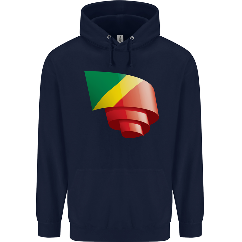 Curled Republic of the Congo Flag Day Football Mens 80% Cotton Hoodie Navy Blue