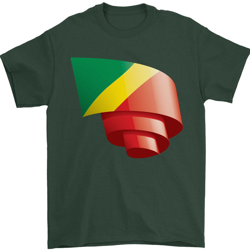 Curled Republic of the Congo Flag Day Football Mens T-Shirt 100% Cotton Forest Green