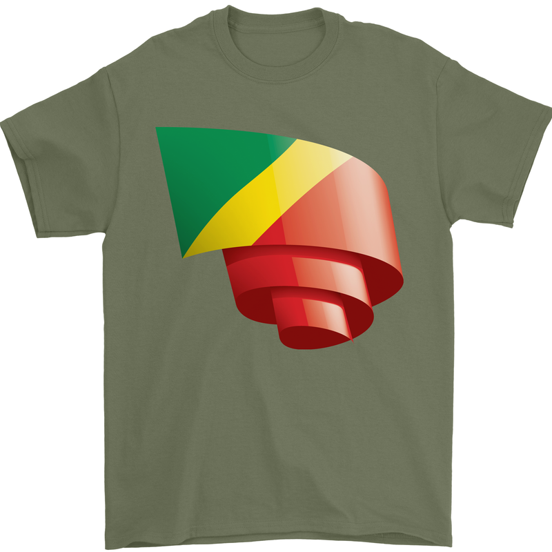 Curled Republic of the Congo Flag Day Football Mens T-Shirt 100% Cotton Military Green