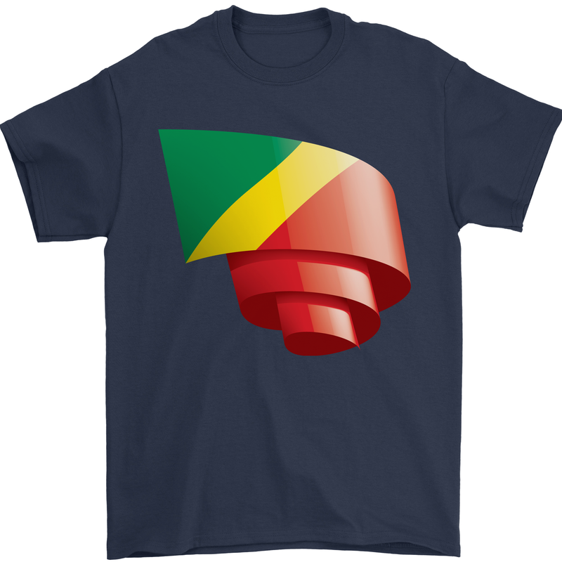 Curled Republic of the Congo Flag Day Football Mens T-Shirt 100% Cotton Navy Blue