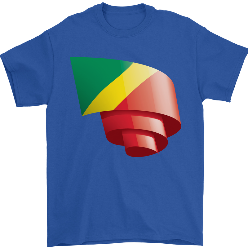 Curled Republic of the Congo Flag Day Football Mens T-Shirt 100% Cotton Royal Blue