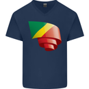 Curled Republic of the Congo Flag Day Football Mens V-Neck Cotton T-Shirt Navy Blue