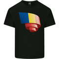 Curled Romania Flag Romanian Day Football Kids T-Shirt Childrens Black