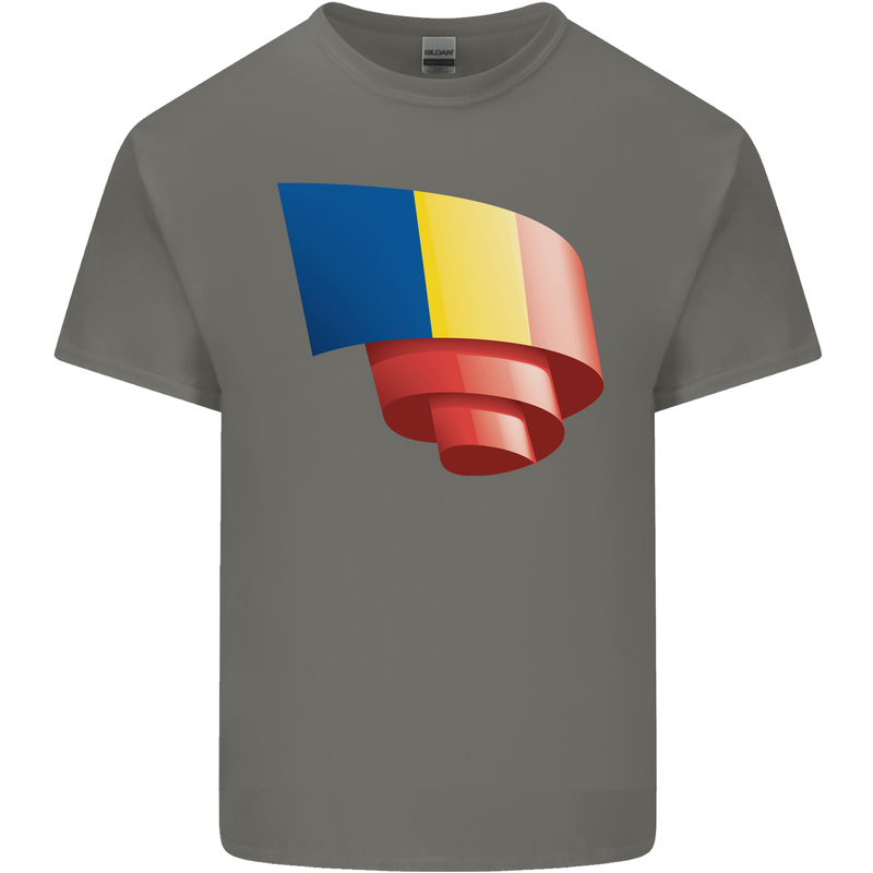 Curled Romania Flag Romanian Day Football Kids T-Shirt Childrens Charcoal
