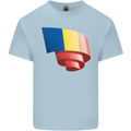 Curled Romania Flag Romanian Day Football Kids T-Shirt Childrens Light Blue