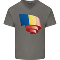 Curled Romania Flag Romanian Day Football Mens V-Neck Cotton T-Shirt Charcoal