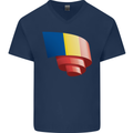 Curled Romania Flag Romanian Day Football Mens V-Neck Cotton T-Shirt Navy Blue