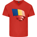 Curled Romania Flag Romanian Day Football Mens V-Neck Cotton T-Shirt Red