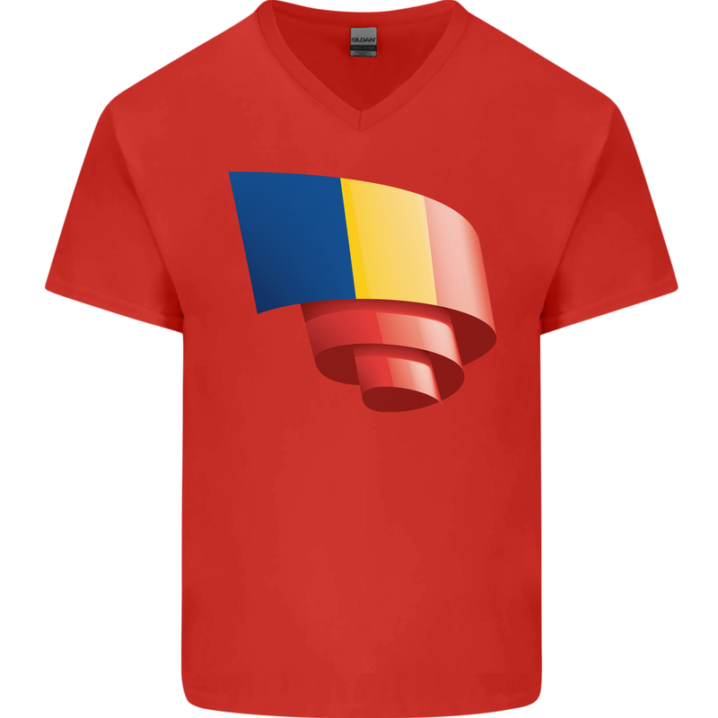 Curled Romania Flag Romanian Day Football Mens V-Neck Cotton T-Shirt Red