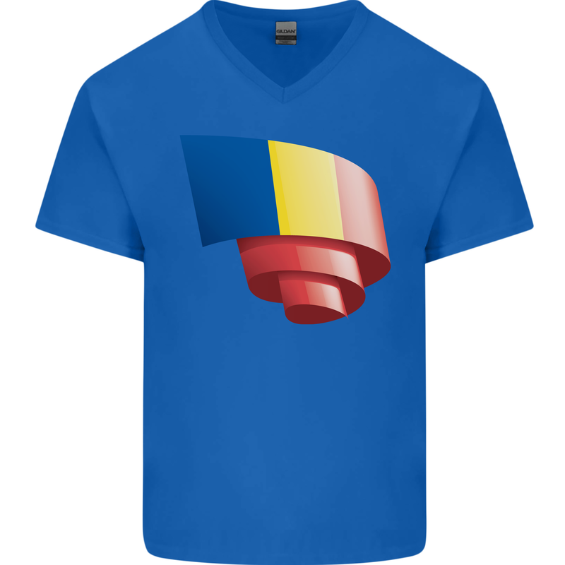 Curled Romania Flag Romanian Day Football Mens V-Neck Cotton T-Shirt Royal Blue