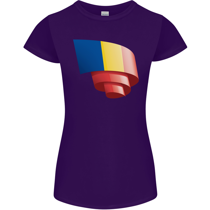 Curled Romania Flag Romanian Day Football Womens Petite Cut T-Shirt Purple