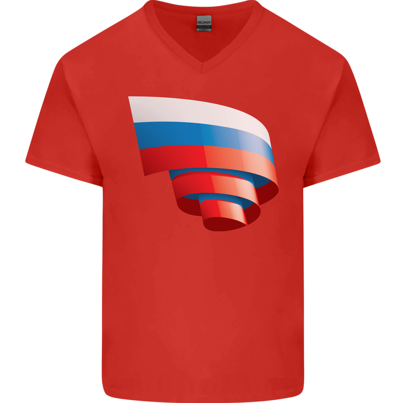Curled Russia Flag Russian Day Football Mens V-Neck Cotton T-Shirt Red