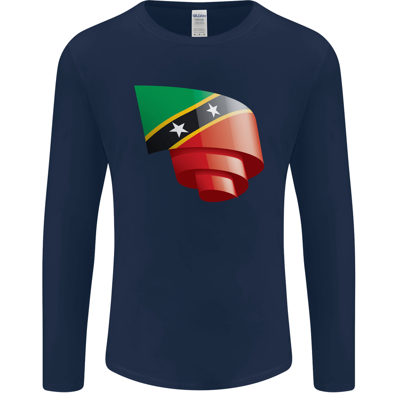 Curled Saint Kitts and Nevis Flag Day Football Mens Long Sleeve T-Shirt Navy Blue