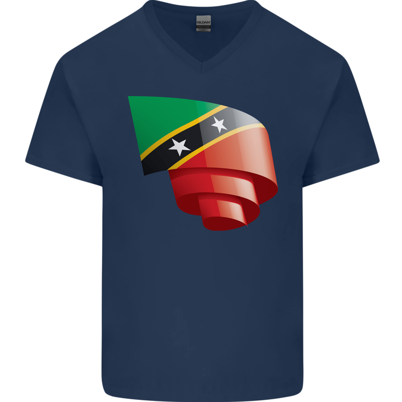 Curled Saint Kitts and Nevis Flag Day Football Mens V-Neck Cotton T-Shirt Navy Blue