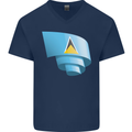 Curled Saint Lucia Flag Lucian Day Football Mens V-Neck Cotton T-Shirt Navy Blue