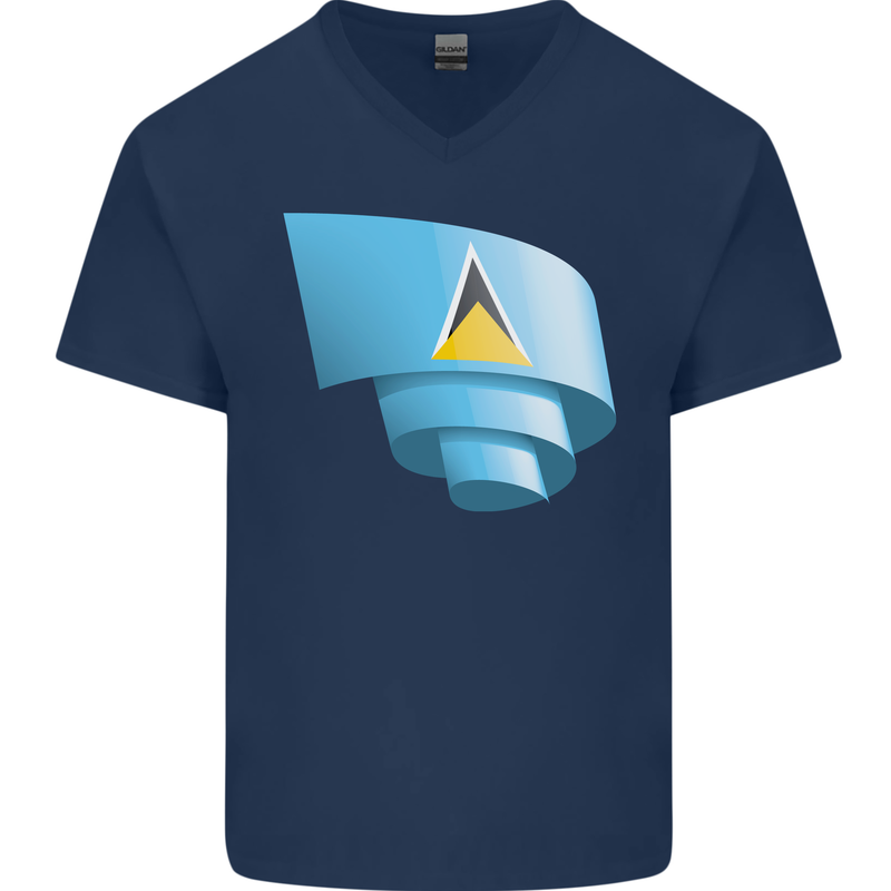Curled Saint Lucia Flag Lucian Day Football Mens V-Neck Cotton T-Shirt Navy Blue