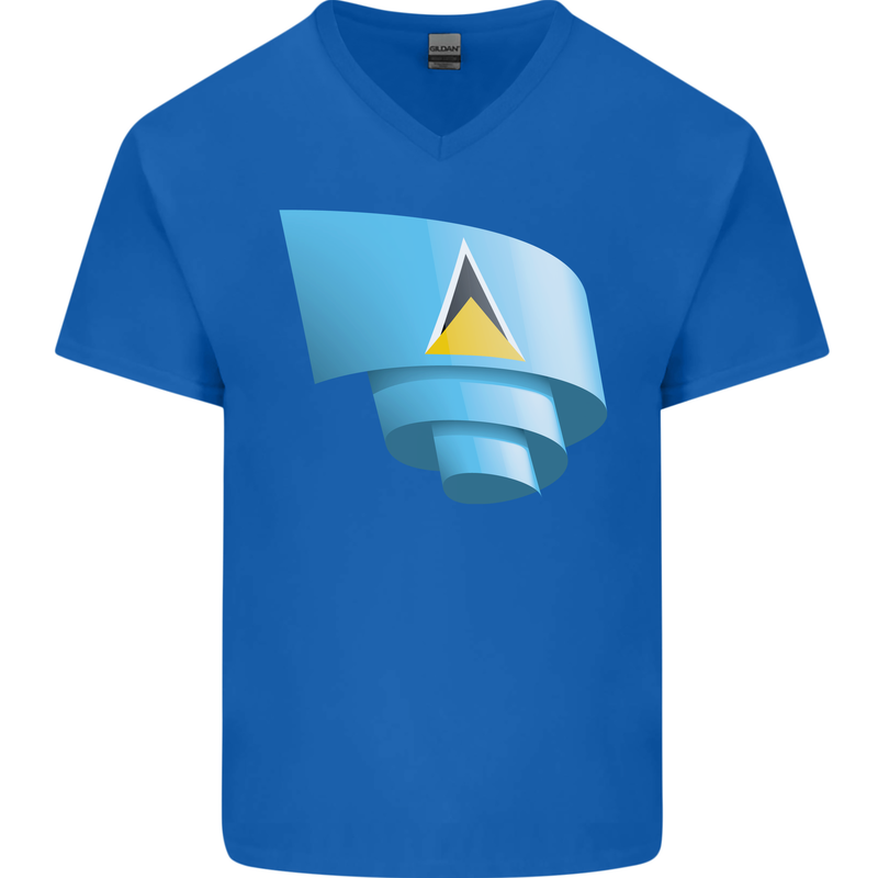 Curled Saint Lucia Flag Lucian Day Football Mens V-Neck Cotton T-Shirt Royal Blue