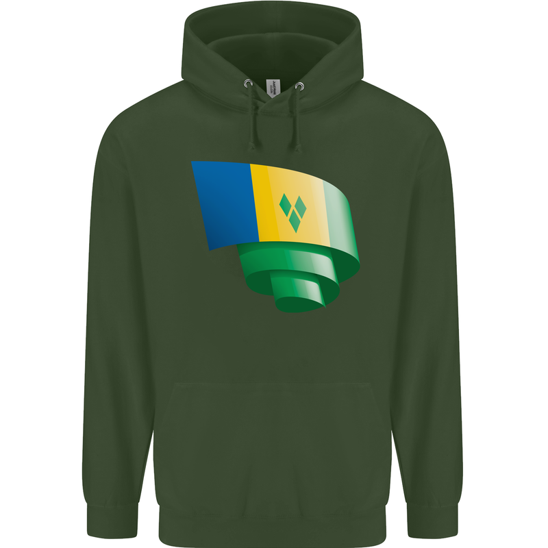 Curled Saint Vincent and Grenadines Flag Football Childrens Kids Hoodie Forest Green