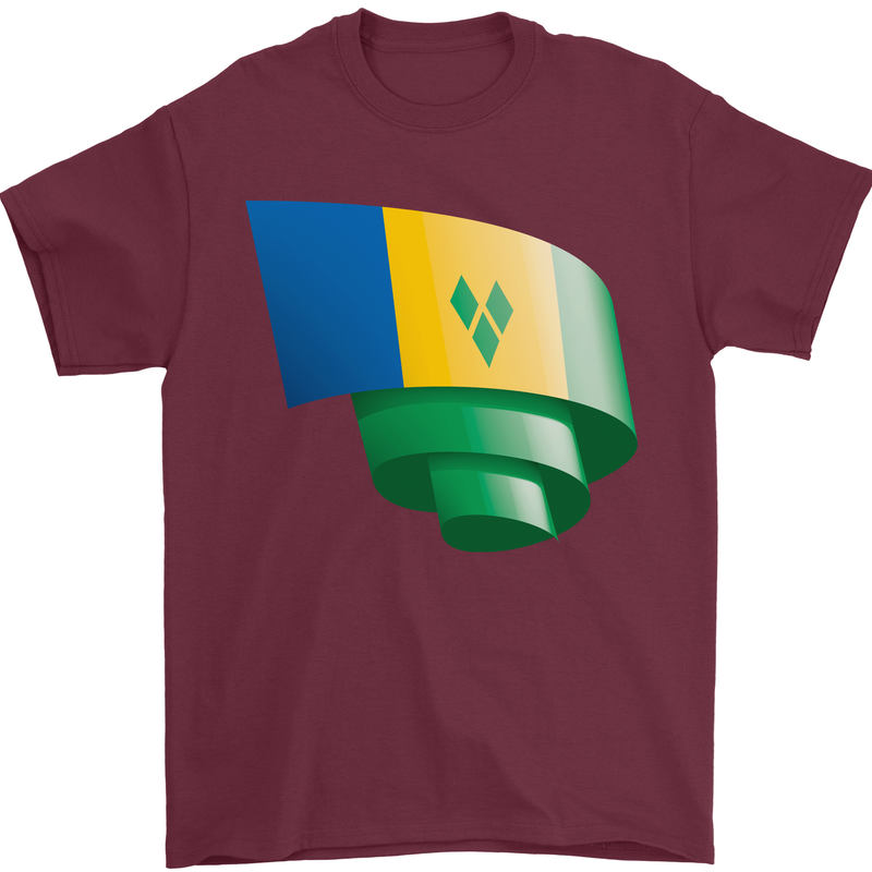 Curled Saint Vincent and Grenadines Flag Football Mens T-Shirt 100% Cotton Maroon