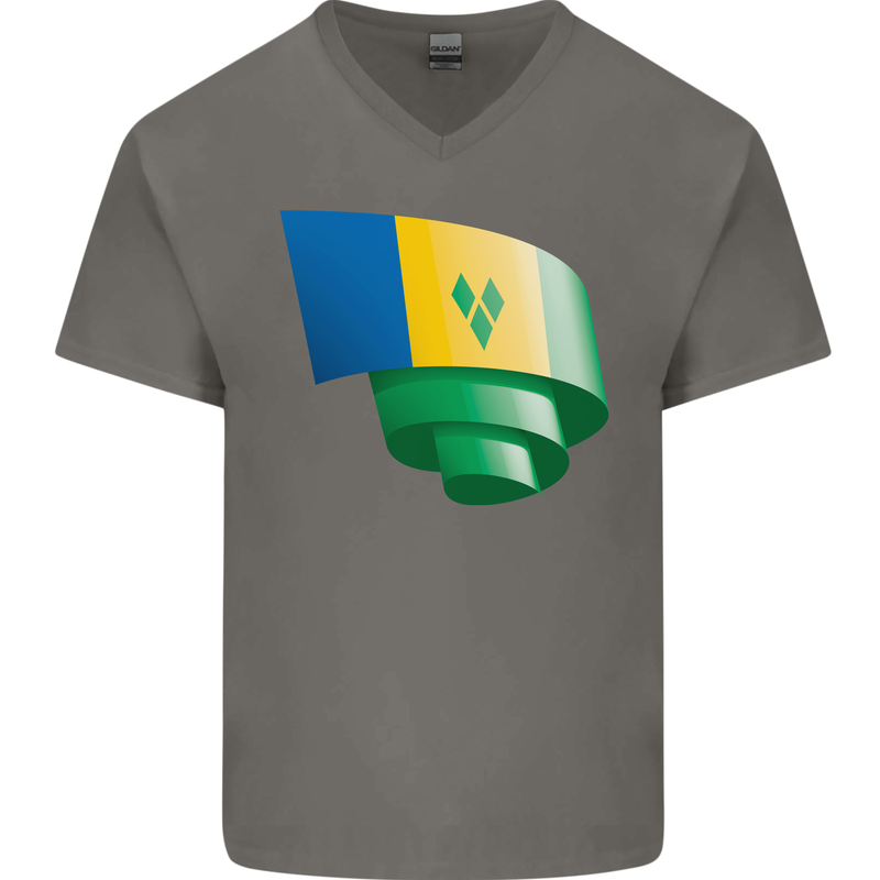 Curled Saint Vincent and Grenadines Flag Football Mens V-Neck Cotton T-Shirt Charcoal