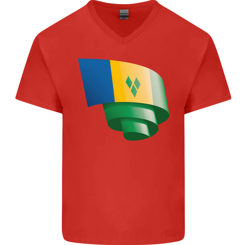Curled Saint Vincent and Grenadines Flag Football Mens V-Neck Cotton T-Shirt Red