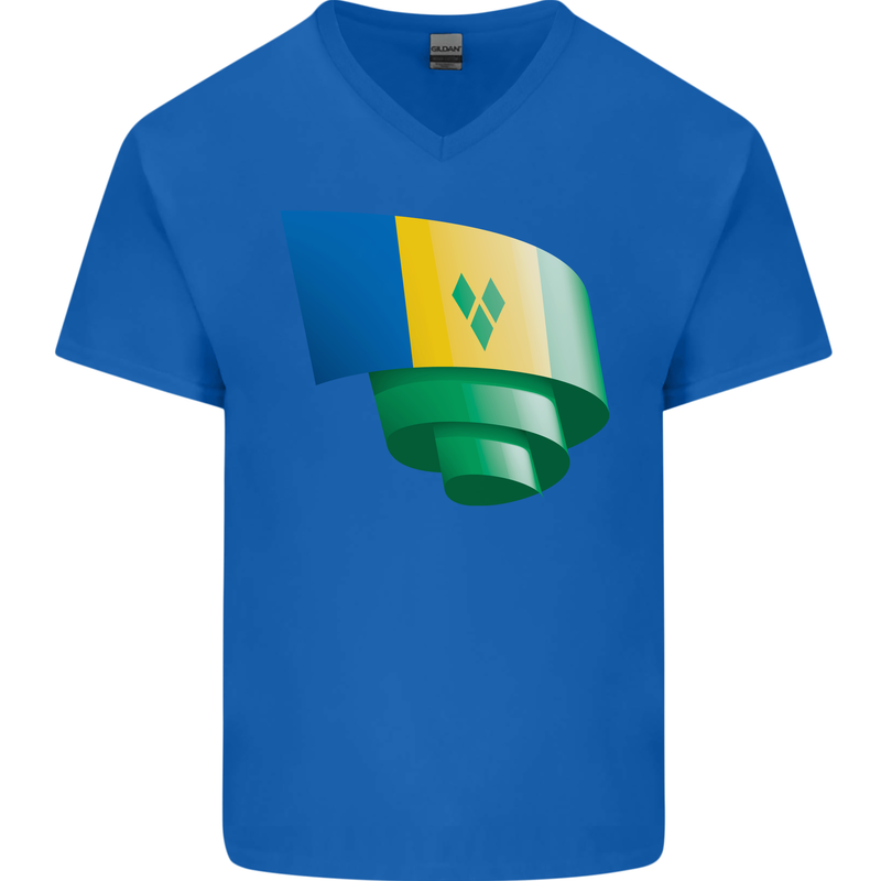 Curled Saint Vincent and Grenadines Flag Football Mens V-Neck Cotton T-Shirt Royal Blue