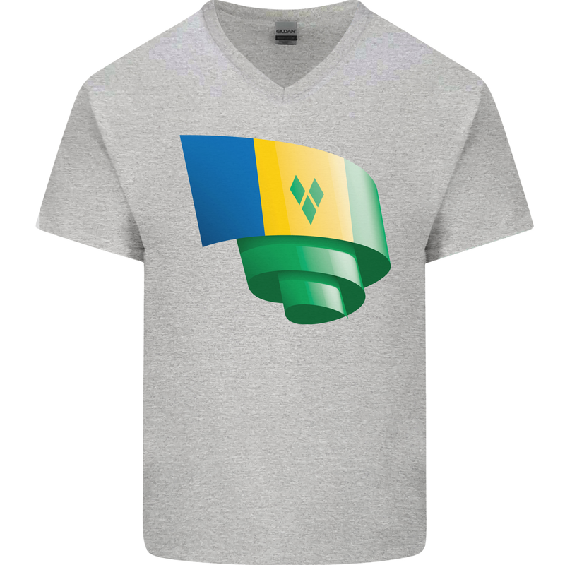 Curled Saint Vincent and Grenadines Flag Football Mens V-Neck Cotton T-Shirt Sports Grey