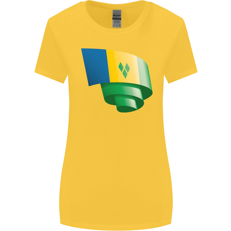 Curled Saint Vincent and Grenadines Flag Football Womens Wider Cut T-Shirt Yellow