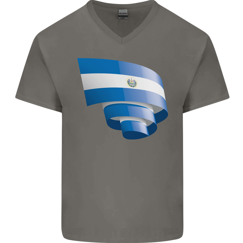 Curled Salvador Flag Salvadoran Day Football Mens V-Neck Cotton T-Shirt Charcoal