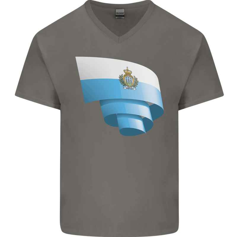 Curled San Marino Flag Sammarinese Day Football Mens V-Neck Cotton T-Shirt Charcoal