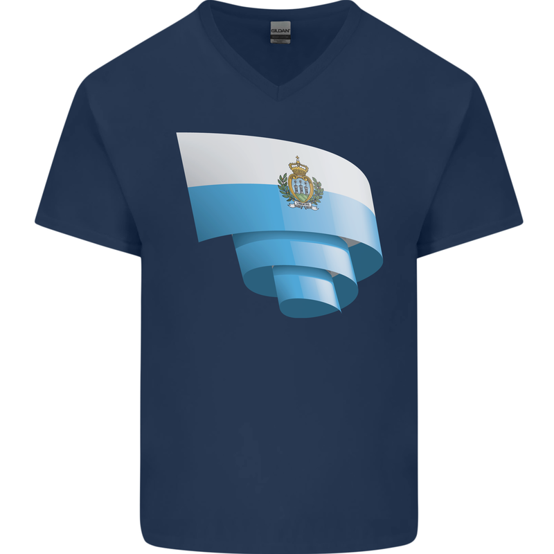 Curled San Marino Flag Sammarinese Day Football Mens V-Neck Cotton T-Shirt Navy Blue