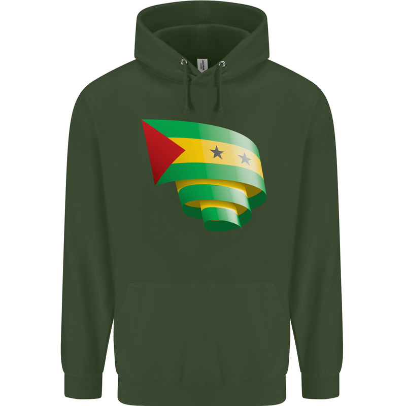 Curled Sao Tome and Principe Flag Day Football Mens 80% Cotton Hoodie Forest Green