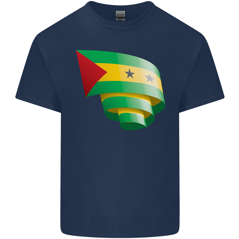 Curled Sao Tome and Principe Flag Day Football Mens Cotton T-Shirt Tee Top Navy Blue
