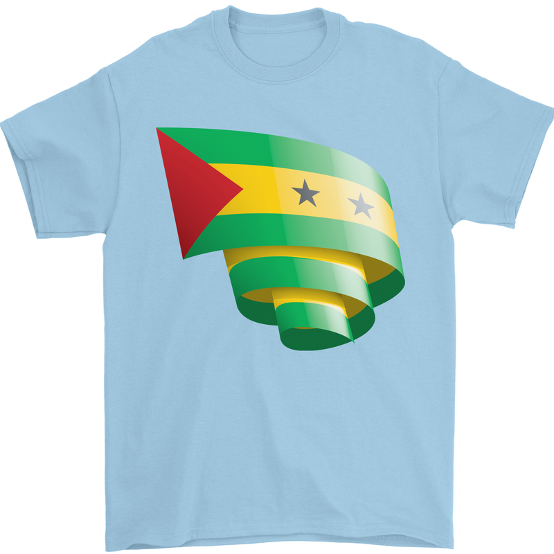 Curled Sao Tome and Principe Flag Day Football Mens T-Shirt 100% Cotton Light Blue