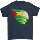 Curled Sao Tome and Principe Flag Day Football Mens T-Shirt 100% Cotton Navy Blue