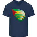 Curled Sao Tome and Principe Flag Day Football Mens V-Neck Cotton T-Shirt Navy Blue