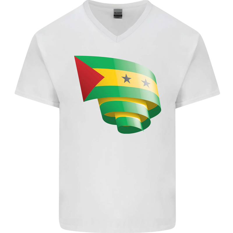 Curled Sao Tome and Principe Flag Day Football Mens V-Neck Cotton T-Shirt White