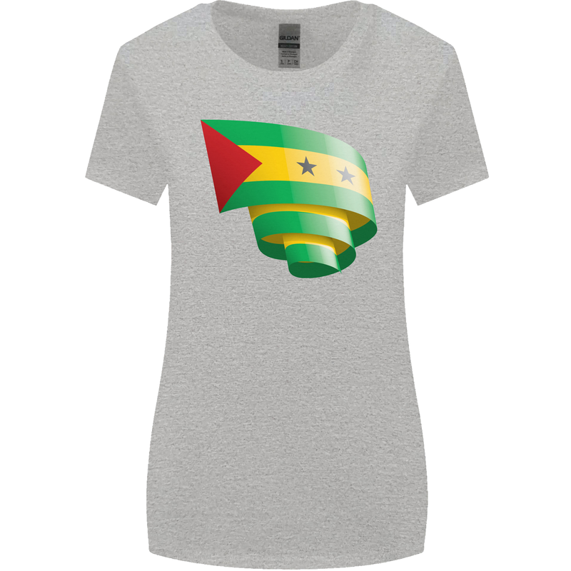 Curled Sao Tome and Principe Flag Day Football Womens Wider Cut T-Shirt Sports Grey