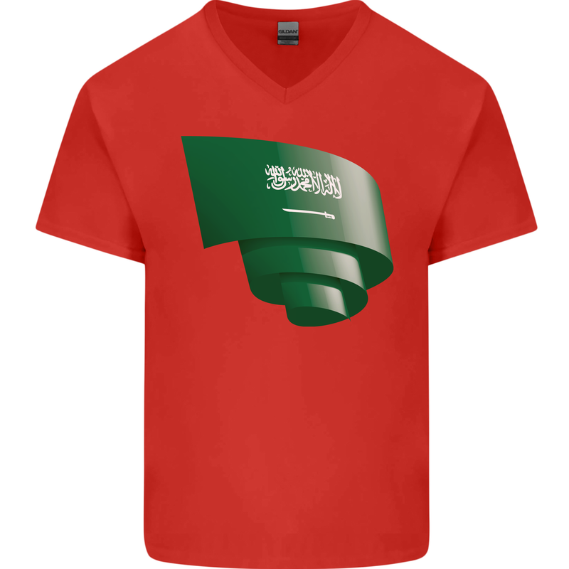 Curled Saudi Arabia Flag Arabian Day Football Mens V-Neck Cotton T-Shirt Red