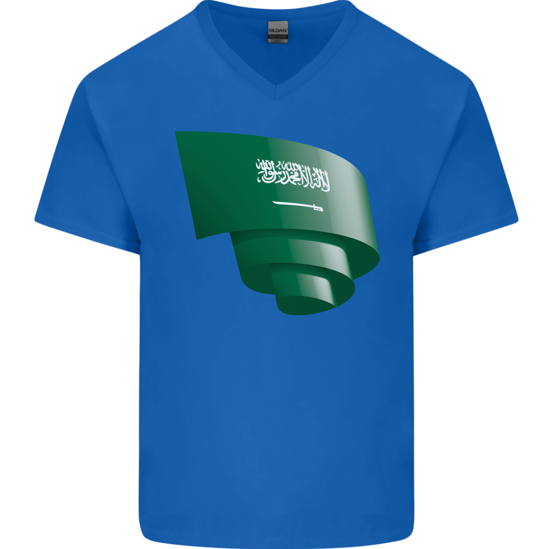 Curled Saudi Arabia Flag Arabian Day Football Mens V-Neck Cotton T-Shirt Royal Blue