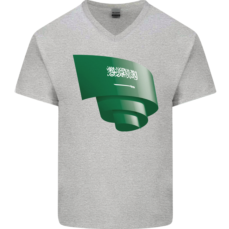 Curled Saudi Arabia Flag Arabian Day Football Mens V-Neck Cotton T-Shirt Sports Grey