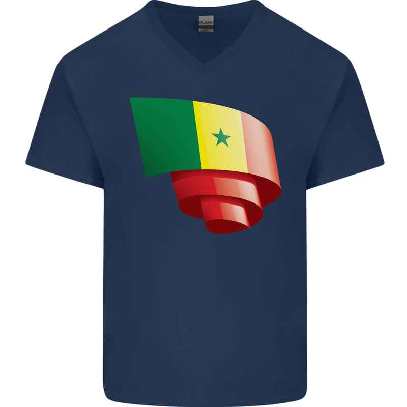 Curled Senegal Flag Senegalese Day Football Mens V-Neck Cotton T-Shirt Navy Blue
