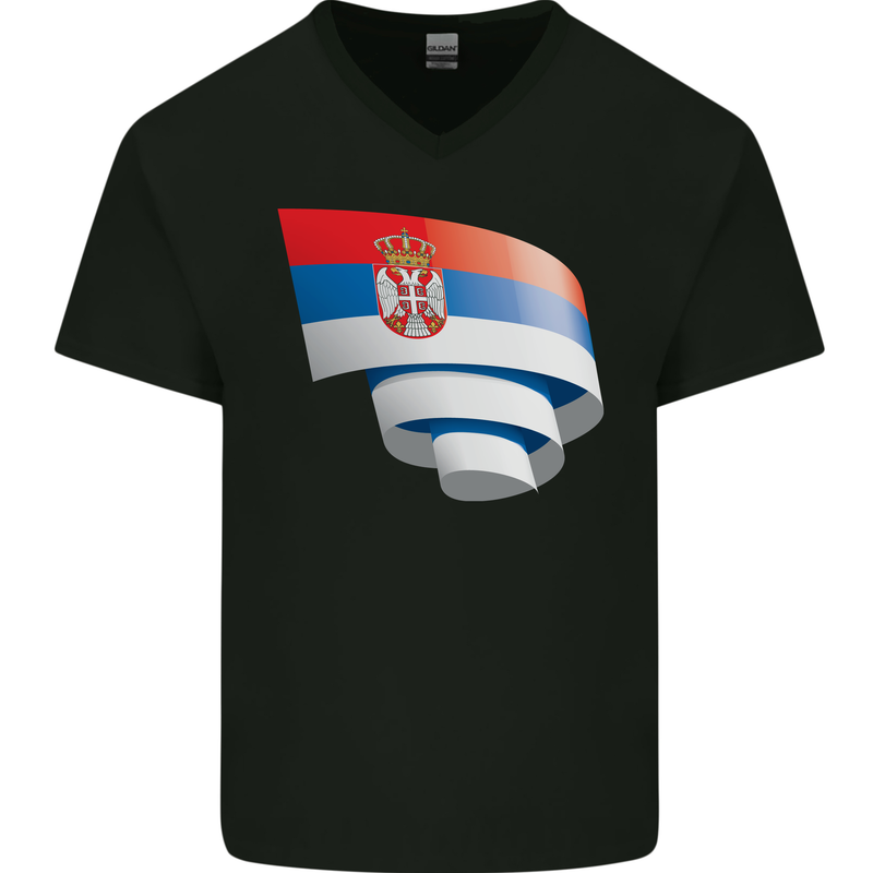 Curled Serbia Flag Serbia Day Football Mens V-Neck Cotton T-Shirt Black