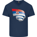Curled Serbia Flag Serbia Day Football Mens V-Neck Cotton T-Shirt Navy Blue