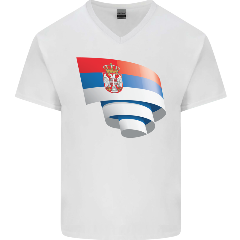Curled Serbia Flag Serbia Day Football Mens V-Neck Cotton T-Shirt White